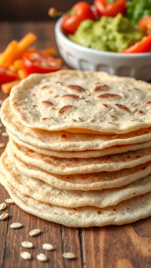A stack of oat tortillas on a wooden table with fresh ingredients for wraps.